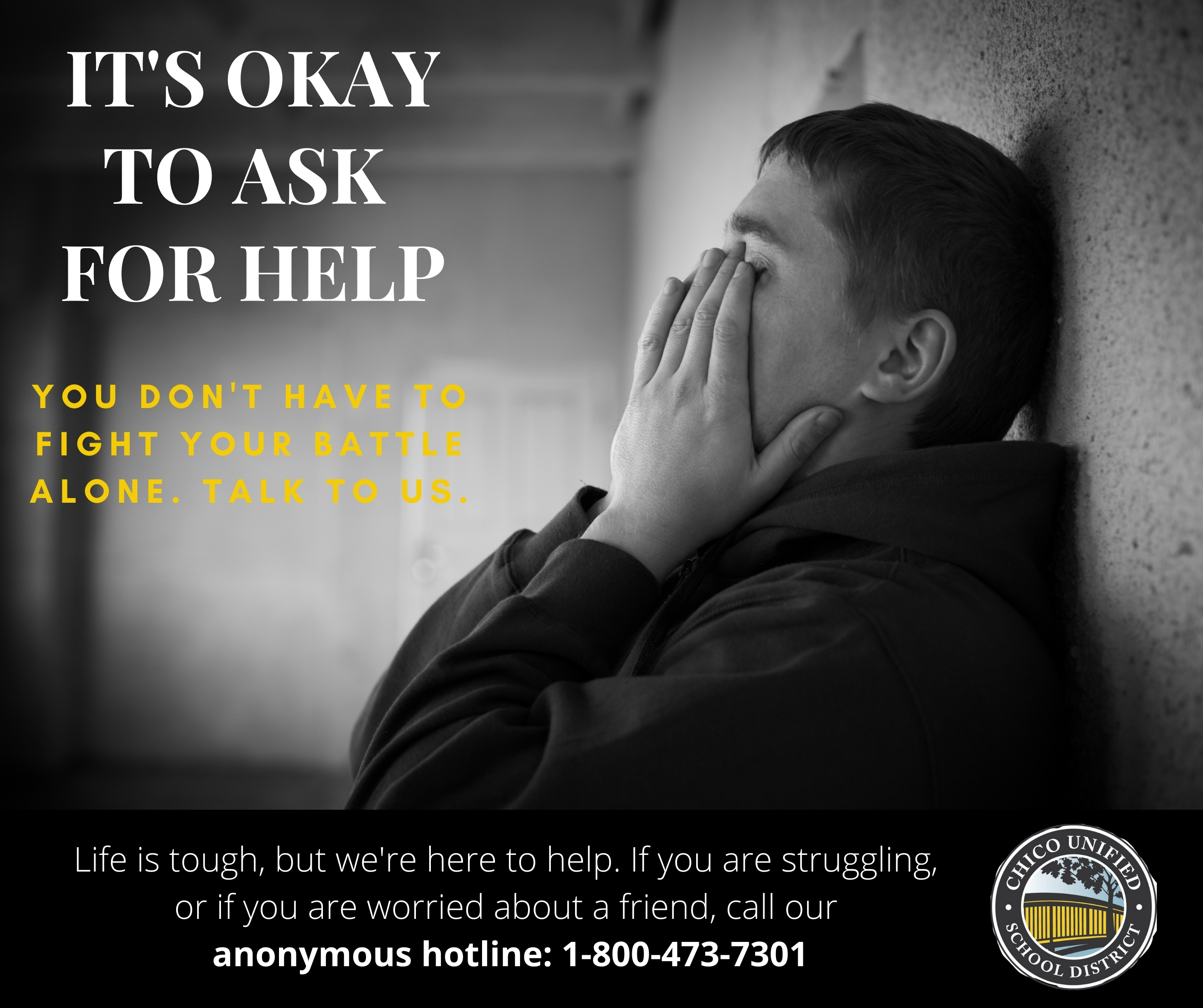 Graphic of sad child. Text, 
