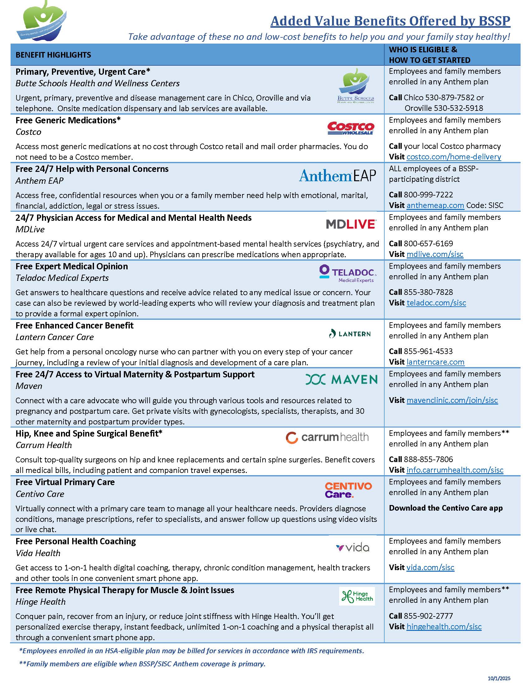 Flyer showing features of all the BSSP benefits