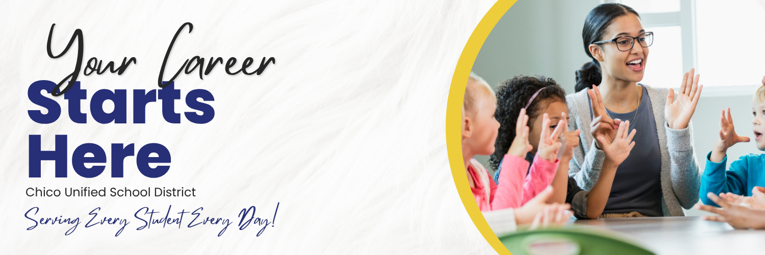 Photo of a smiling person sitting with a table of young children and text, 