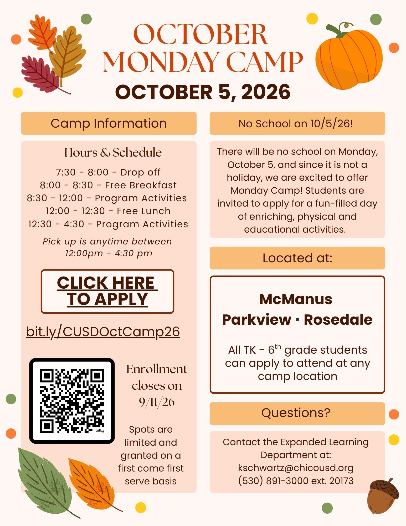 Poster with pumpkin and fall leaves announcing camp
