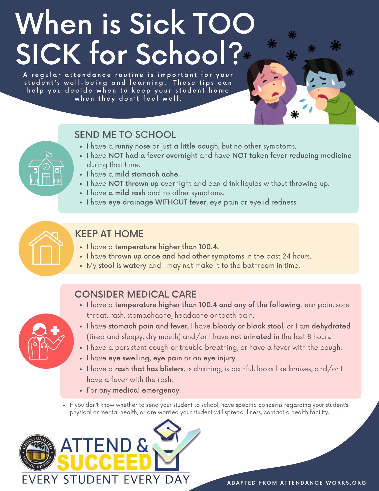 Flyer with sick children graphic and Attend and Succeed Logo