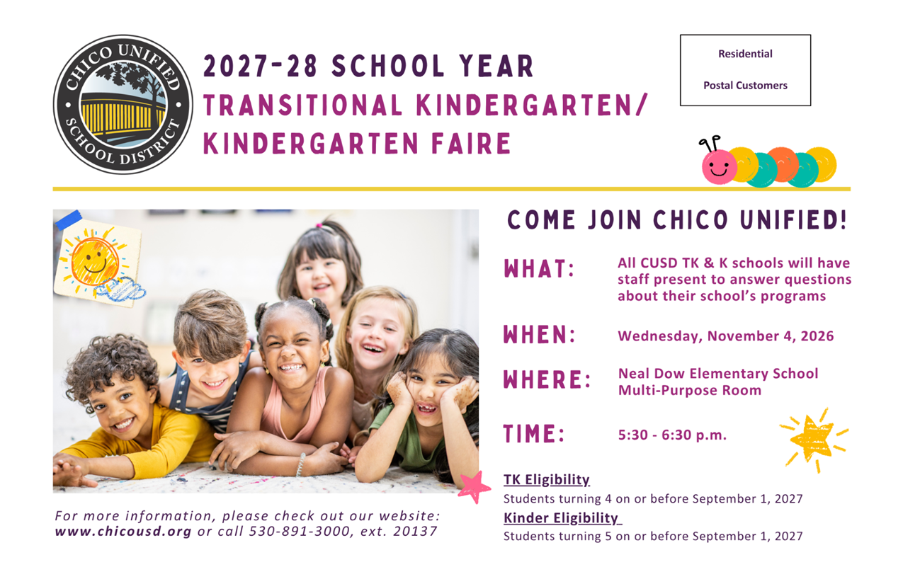 TK Kinder Faire Flyer - details and photo of smiling students