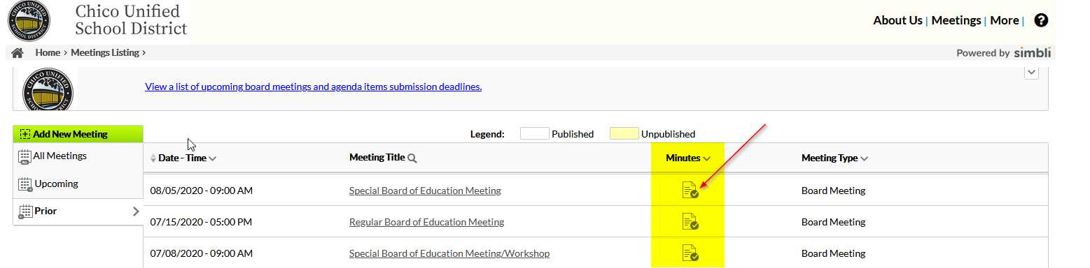Screen shot of where to locate the meeting minutes in the online agenda. Locate the meeting and select the 