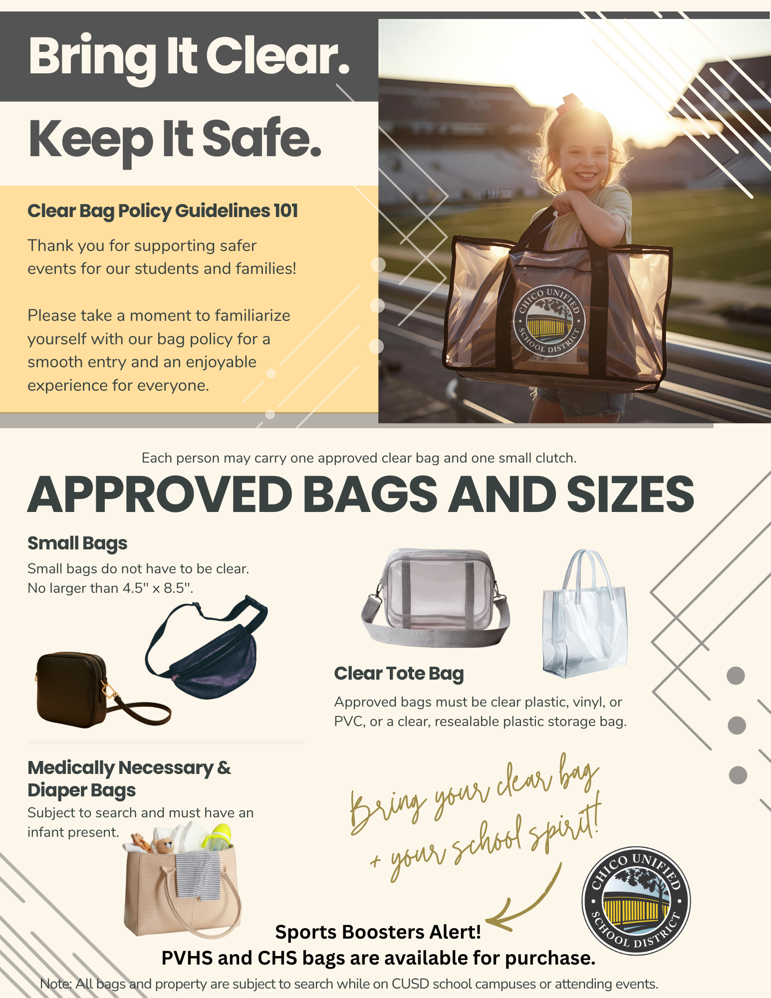 Poster of smiling girl with clear bag and explanation of bags approved (see plain text below).