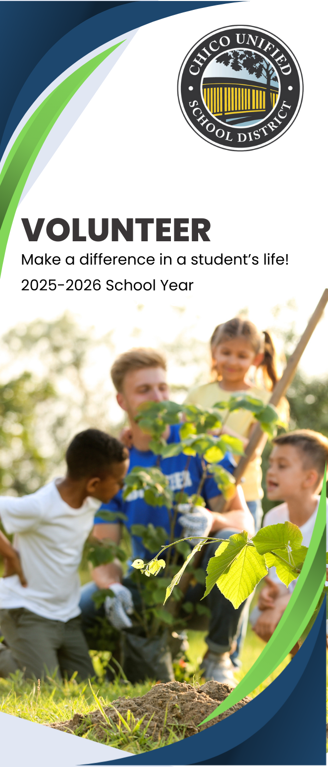 Volunteer  Brochure Cover - Graphic of volunteer working outdoors with kids and smiling.