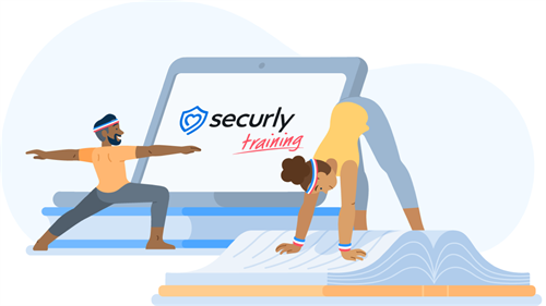 Graphical Image of two people practicing Yoga with "Securly Training" written on a computer screen in the background